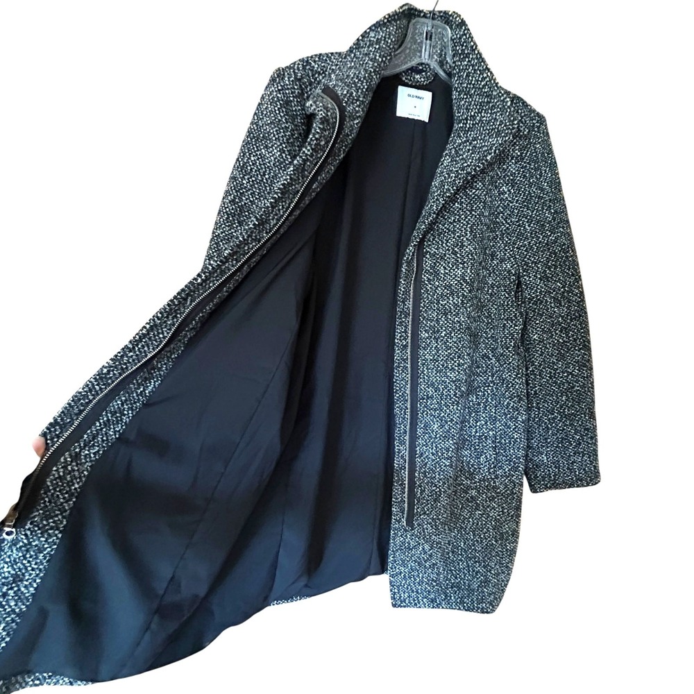 Old Navy Women's Tweed Coat Size M Black Marl Funnel Neck Zip Front Jacket - Picture 4 of 9
